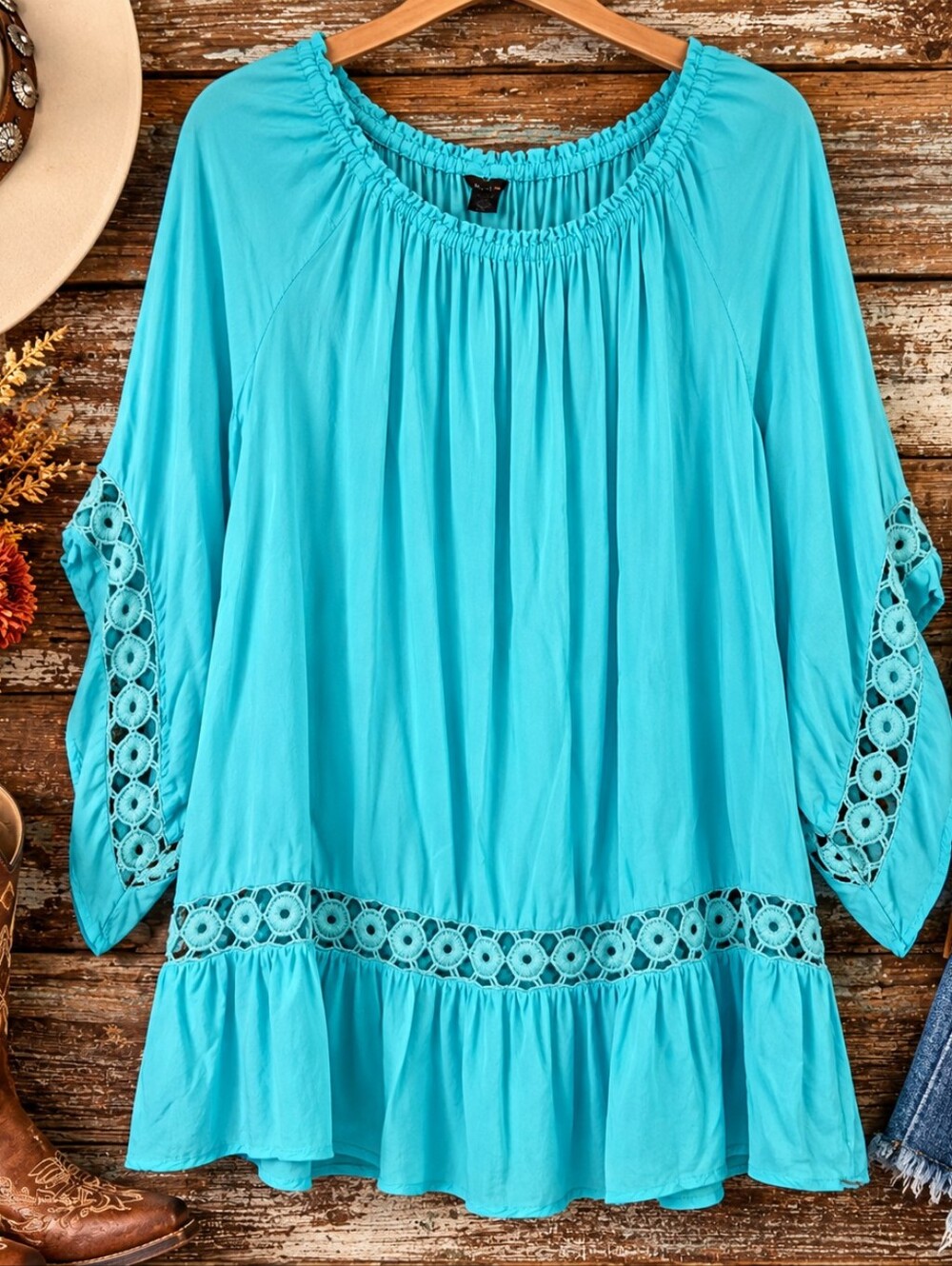 Intro Turquoise Crochet Lace Boho Tunic Top Plus Size 2X